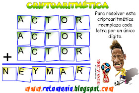 Alfaméticas, Criptoaritmética, Criptosuma, Mundial Rusia 2018, Mundial de fútbol, Juego de letras, Juego de Palabras
