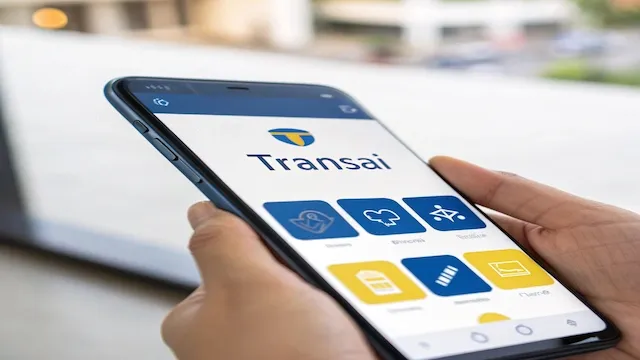 Hands holding a smartphone displaying the TransAI app interface with a blue and yellow design. The screen shows the TransAI logo and various translation feature icons, including voice and text options, highlighting its role in breaking language barriers.