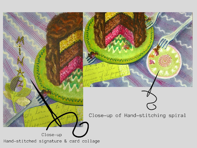 Hand-stitching on signature and spiral on the plate.  A card with handwritten words is also collaged with hand-stitching.