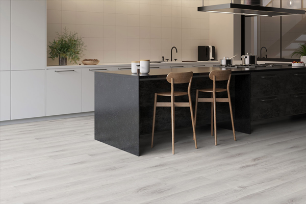 A kitchen with grey vinyl flooring. Image used with permission of Floorbay