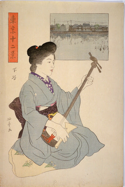 Shin-hanga. Shamisen. Träsnitt. Hakutei.