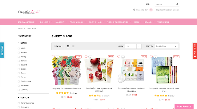 Best websites to buy Korean products: Cosmetic Love sheet masks