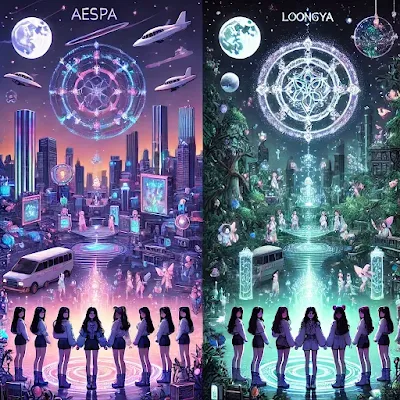 Pixel art of a futuristic neon-lit cityscape at night, featuring a virtual girl group on glowing screens, floating platforms, and digital effects inspired by aespa's KWANGYA universe.