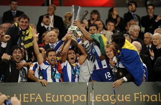 Radamel Falcao celebrates with team-mates after winning the Europa League