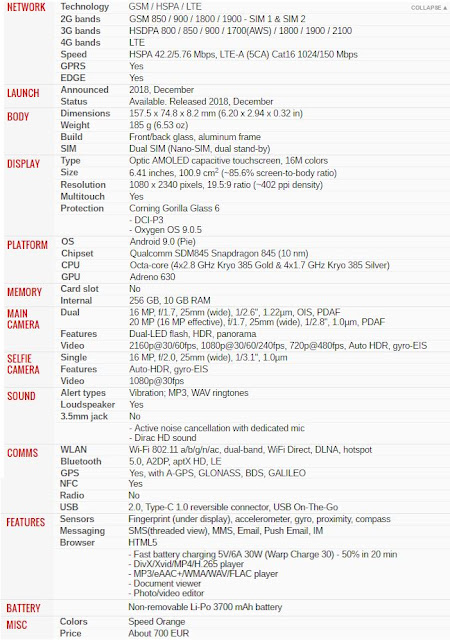 Nama OnePlus mungkin belum familiar ditelinga masyarakat luas. OnePlus sendiri adalah salah satu perusahaan smarphone yang bermarkas di Tiongkok China. Nah dipenghujung tahun ini, perusahaan smartphone OnePlus mencoba menghadirkan ponsel baru yang berbeda dari yang lainnya. Ponsel yang baru resmi di rilis sekitar tanggal 13 Desember kemarin diberi nama OnePlus 6T McLaren. Mengusung konsep super car, OnePlus 6T McLaren hampir dinilai sama dengan Oppo Find X Lamborghini Edition.   OnePlus 6T McLaren Picture : GSM Arena Jika dilihat sekilas, OnePlus 6T McLaren ini memiliki tampilan yang cukup simpel, dibalut dengan pola serat karbon berwarna hitam dibagian belakang, kemudian ditempatkannya logo OnePlus dibawah kamera dilanjut McLaren dibawahnya. Dilengkaoi juga garis melingkar pada sisinya yang berwarna orange. Dengan hadirnya OnePlus 6T McLaren ini disebut sebut ini merupakan bentuk kerjasama baru antara OnePlus dengan McLaren.   OnePlus 6T McLaren Picture : GSM Arena Smarphone OnePlus 6T McLaren edition sendiri hadir dengan membawa RAM yang cukup besar yaitu 10GB, kemudian untuk kapasitas memory internalnya, pihak OnePlus membekali OnePlus 6T McLaren dengan ROM seluas 256GB. OnePlus 6T McLaren edition hadir dengan layar yang cukup luas yaitu 6.41 inci, dengan tipe layar yang digunakan adalah Optic Amoled Capacitive Touchscreen 16 juta warna. OnePlus 6T McLaren edition membawa resolusi layar 1080 x 2340 pixels, 19.5:9 ratio (~402 ppi density) dengan dilengkapi pelindung layar Corning Gorilla Glass 6.  Smarphone OnePlus 6T McLaren berjalan menggunakan OS Android 9.0 atau Android Pie yang kemudian didukung oleh ChipsetQualcomm SDM845 Snapdragon 845 (10 nm). Tak hanya itu saja, CPU yang digunakan pada ponsel ini yaitu Octa-core (4x2.8 GHz Kryo 385 Gold & 4x1.7 GHz Kryo 385 Silver) yang dilengkapi dengan GPU Adreno 630. Berikut spesifikasi lengkapnya di kutip dari GSM Arena.   Sumber : GSM Arena