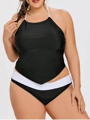 Plus Size Halter Asymmetric Tankini Top and Briefs Set - Black - 2xl