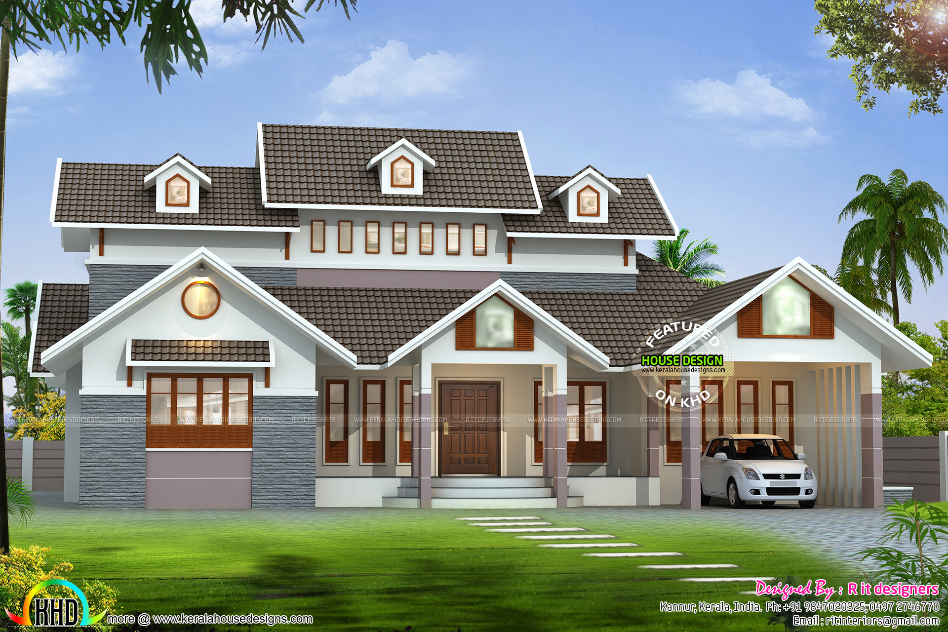 3 bedroom sloping roof  home  with 3D  floor plan Kerala 