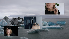 A montage with an iceberg in the background and three smaller screenshots from the video Seepage, depicting the artist