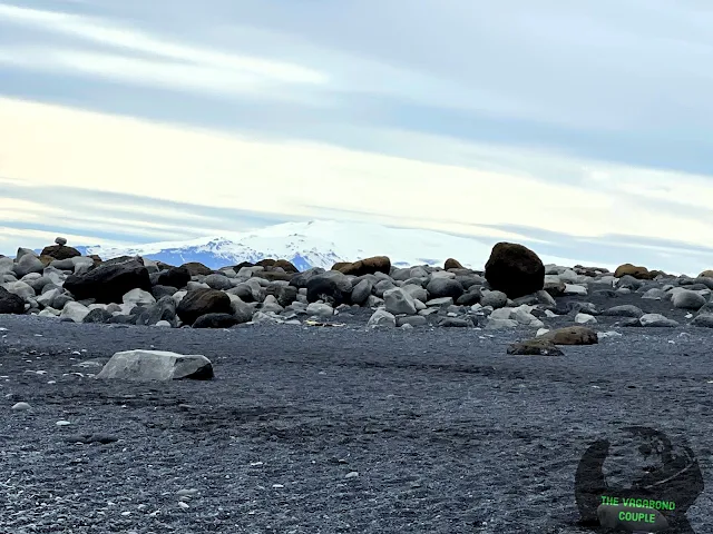 Mýrdalsjökull icefield over Katla Volcano seen from Reynisfjara Beach