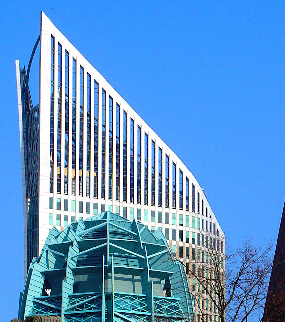 The skyline of The Hague is composed of strikingly modern architecture including the Hoftoren building in the background completed in 2003.