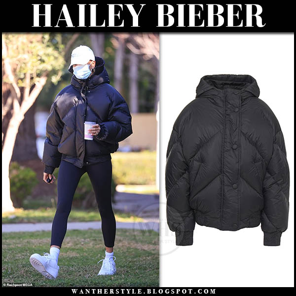 Hailey Bieber in black puffer jacket