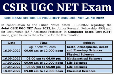 The schedule of 'CSIR-UGC NET- June 2022