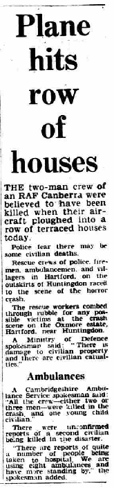 Plane hits row of houses Huntingdon 1977