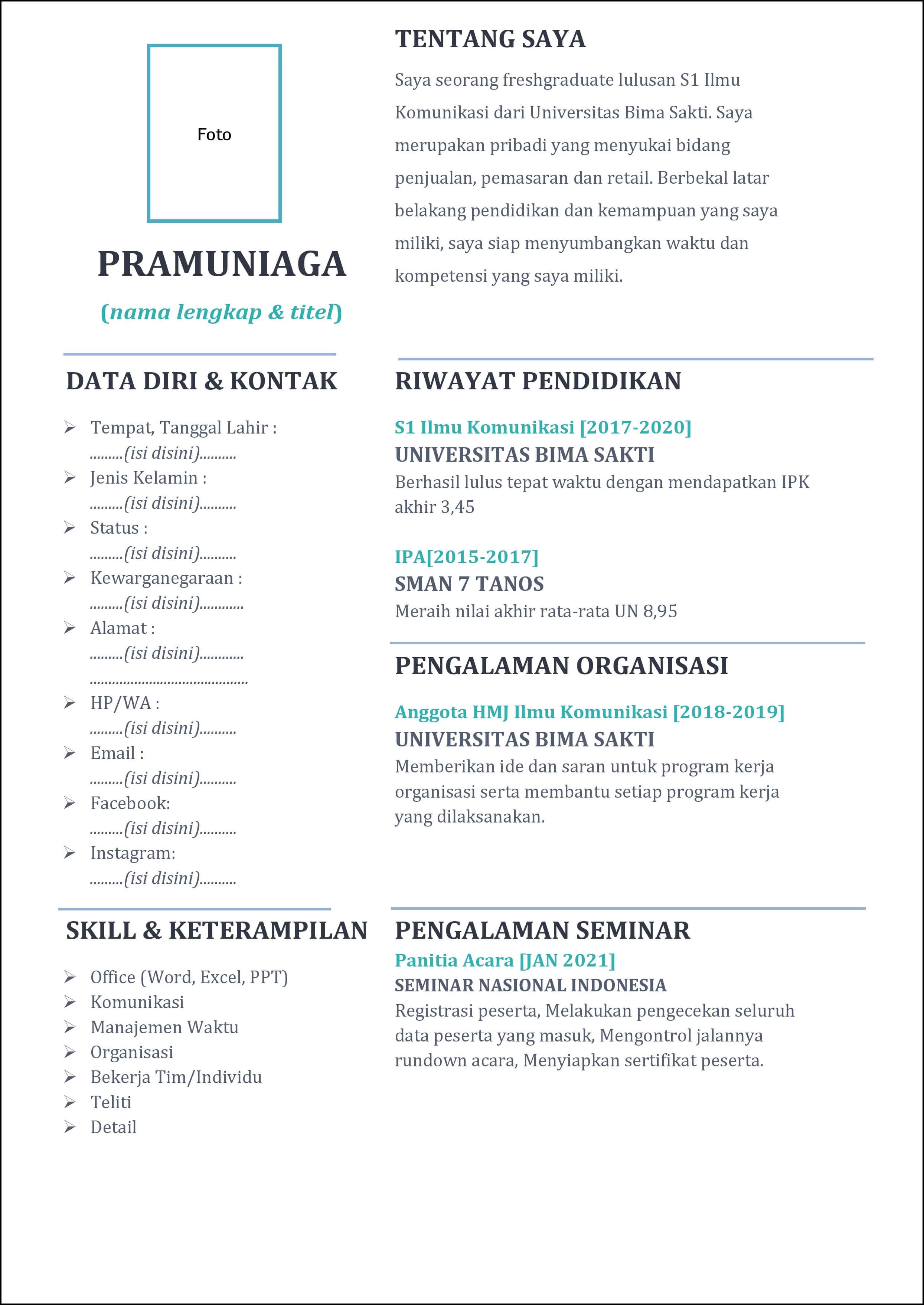 contoh 1 daftar riwayat hidup pramuniaga untuk fresh graduate