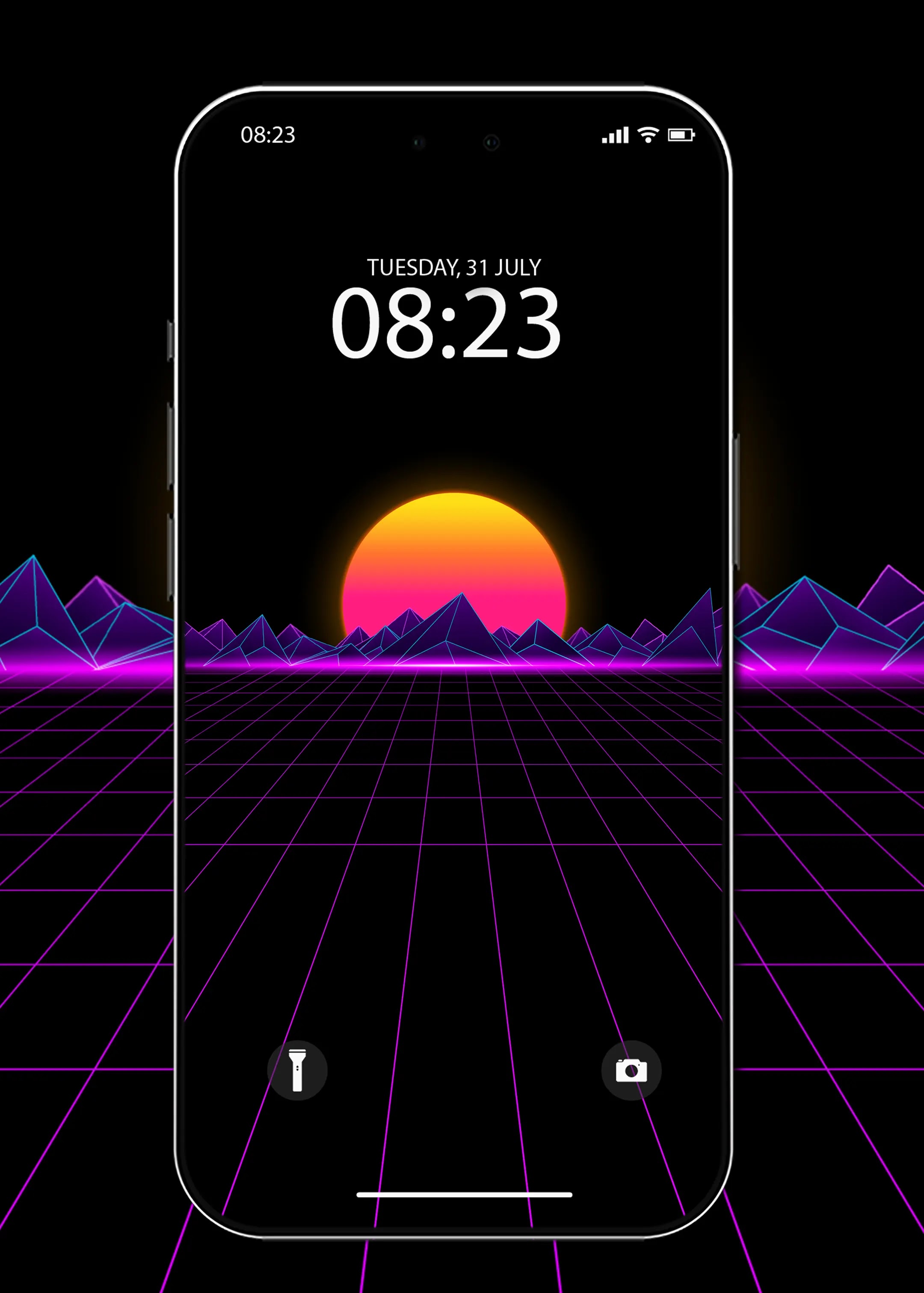 outrun synth wave sunset futuristic OLED wallpaper for iOS iphone and Android 4K