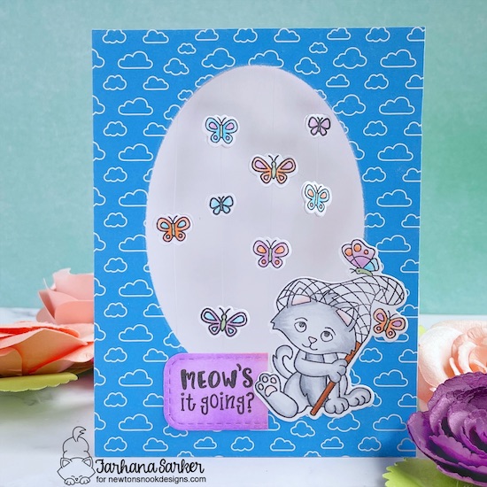 Flying Butterflies Card by Farhana Sarker | Captivated Kittens Stamp Set, Springtime Paper Pad, and Oval Frames Die Set by Newton's Nook Designs