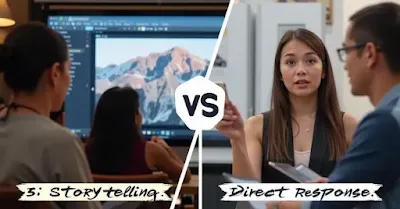 Illustration comparing visual storytelling in Facebook Ads with direct response formats in Google Ads for small business marketing
