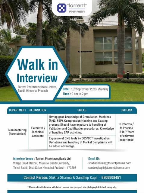 Torrent Pharmaceuticals | Walk-in interview for Manufacturing on 10th Sep 2023