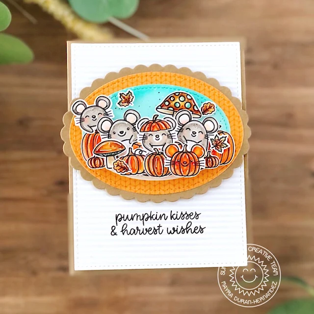 Sunny Studio Stamps: Stitched Oval Dies Scalloped Oval Fall Friends Harvest Mice Fall Card by Mayra Duran-Hernadez