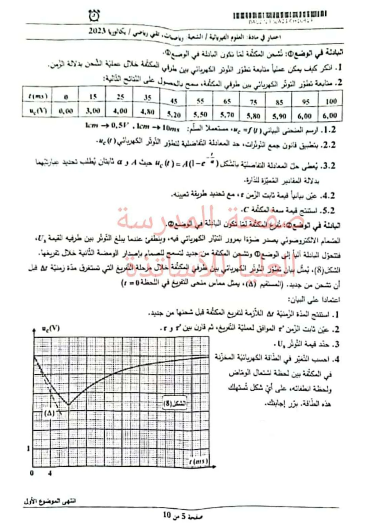 موضوع الفيزياء بكالوريا 2023 شعبة رياضيات وتقني رياضي