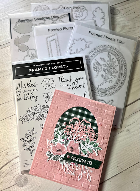 Stamp sets and dies used to create floral birthday card