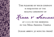 Purple sealing insert for temple wedding invitation.