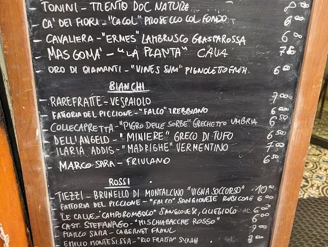 Chalkboard wine list at Vineria Favalli in Bologna