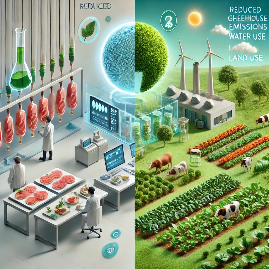 Lab-grown meat promises reduced greenhouse gas emissions and water usage, while plant-based meat supports eco-friendly farming and sustainability.