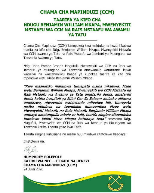 CCM Waomboleza Kifo cha Rais Mstaafu Benjamin William Mkapa