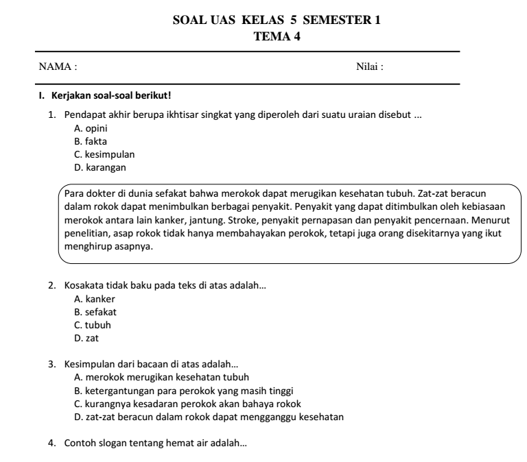 Soal UAS Tematik Kelas 5 Tema 4 Sehat itu Penting