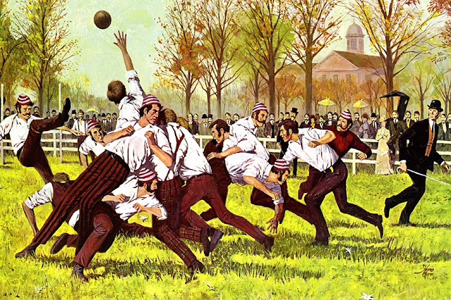 An illustration of the first football game held on Nov. 6, 1869