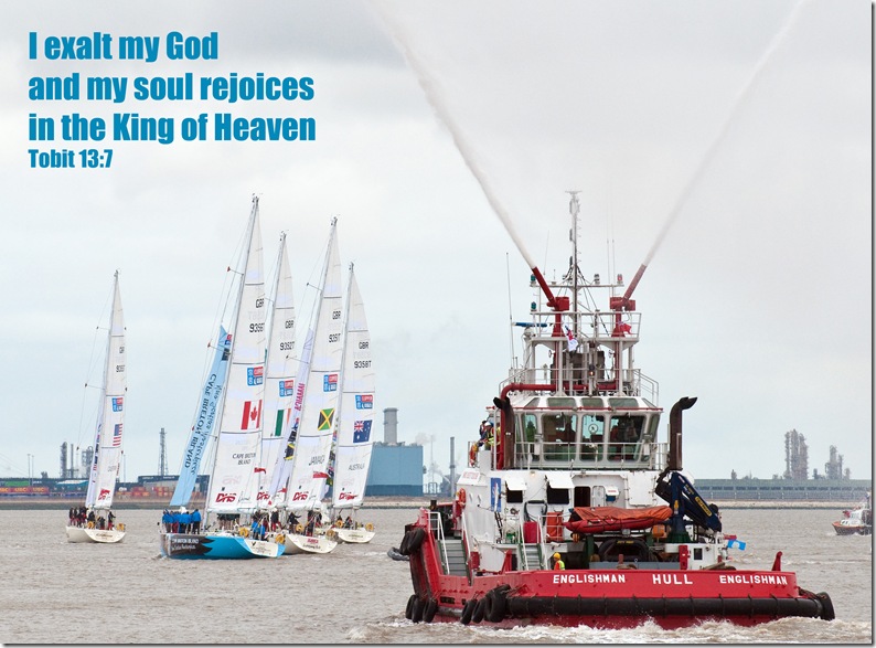 exuberant fire tug  following yachts in the humber at the start of clipper 09-10 no text copy