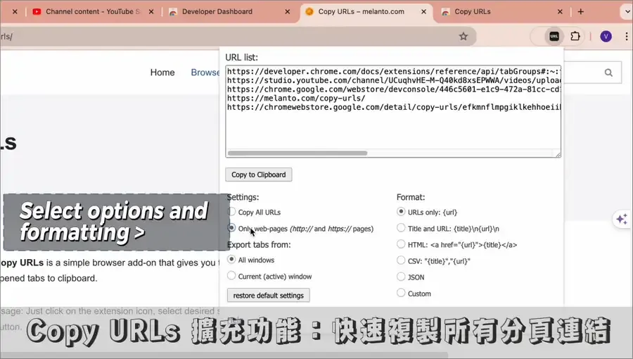 Copy URLs 擴充功能介紹:批量複製多個分頁網址,支援匯出多種格式