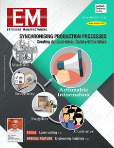 EM Efficient Manufacturing - February 2017 | TRUE PDF | Mensile | Professionisti | Tecnologia | Industria | Meccanica | Automazione
The monthly EM Efficient Manufacturing offers a threedimensional perspective on Technology, Market & Management aspects of Efficient Manufacturing, covering machine tools, cutting tools, automotive & other discrete manufacturing.
EM Efficient Manufacturing keeps its readers up-to-date with the latest industry developments and technological advances, helping them ensure efficient manufacturing practices leading to success not only on the shop-floor, but also in the market, so as to stand out with the required competitiveness and the right business approach in the rapidly evolving world of manufacturing.
EM Efficient Manufacturing comprehensive coverage spans both verticals and horizontals. From elaborate factory integration systems and CNC machines to the tiniest tools & inserts, EM Efficient Manufacturing is always at the forefront of technology, and serves to inform and educate its discerning audience of developments in various areas of manufacturing.
