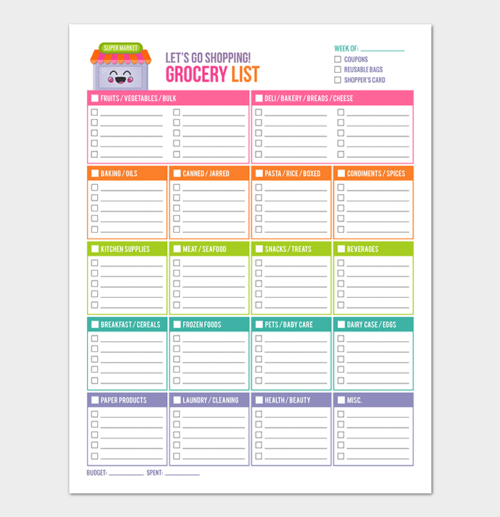 Shopping List Template 11 Checklists