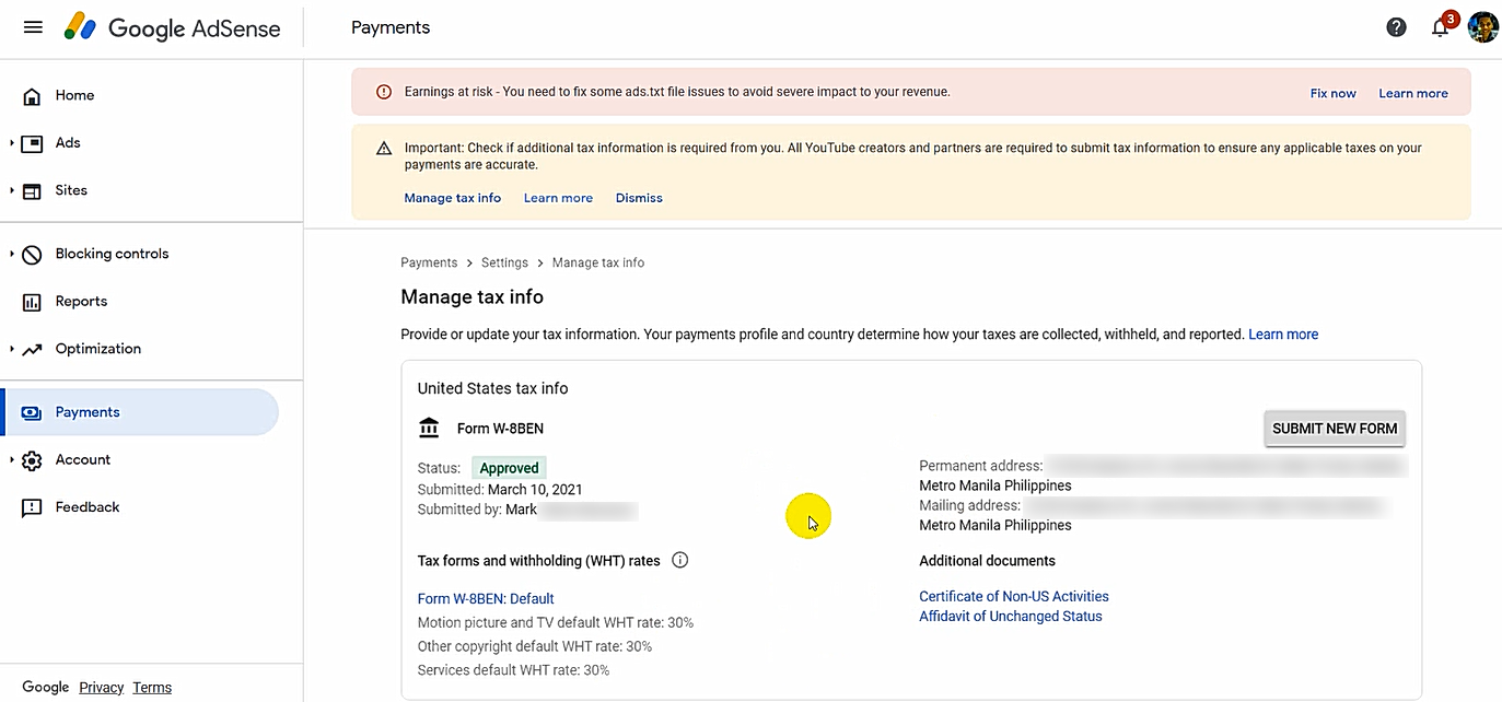Google Adsense Tax Information Details Philippines