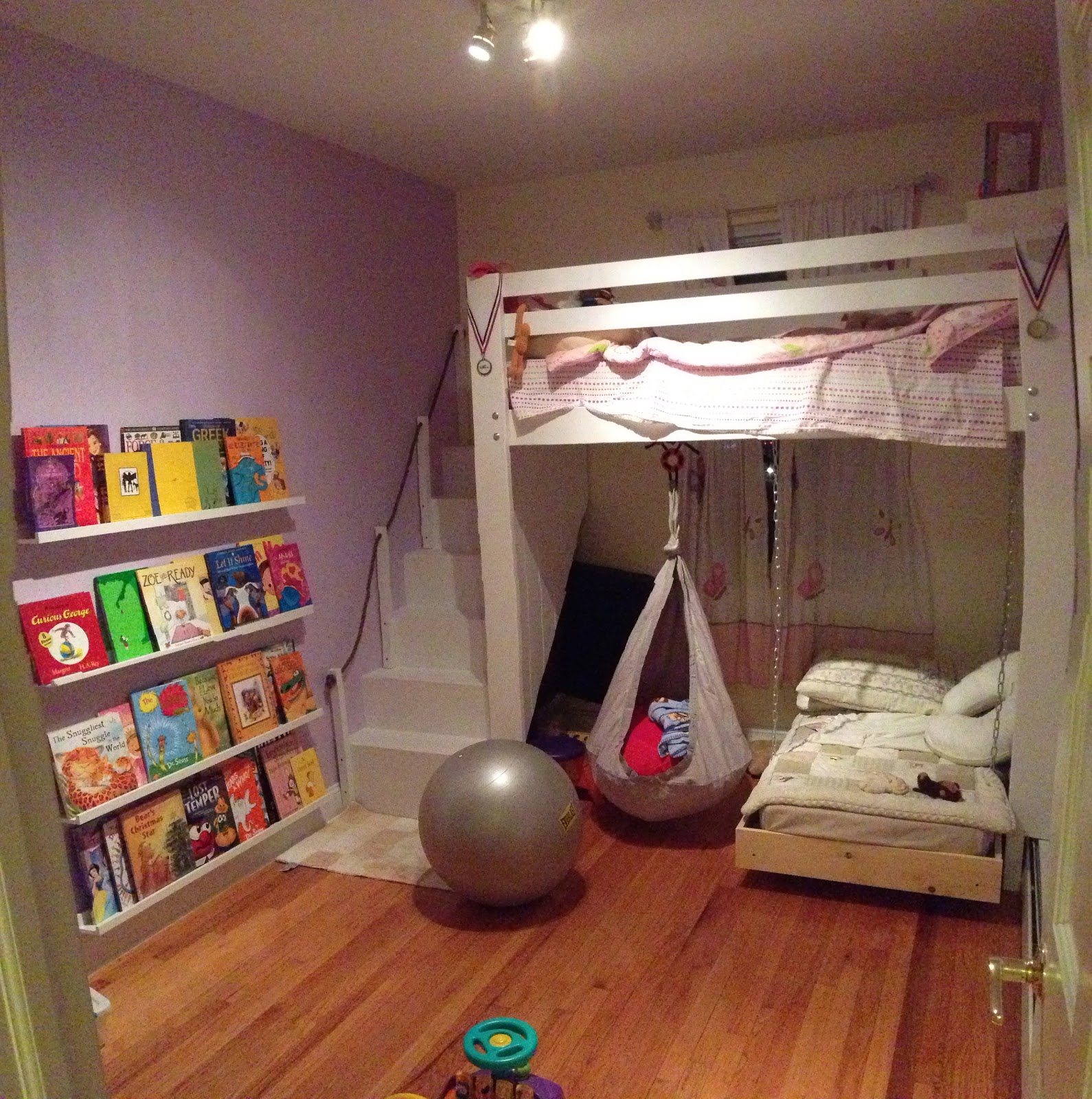  Space: Loft bed, bunk bed build with hanging toddler bed and swing
