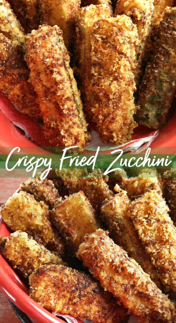 Crispy Fried Zucchini - A simple recipe for crispy fried zucchini spears dredged in grated parmesan cheese and Italian bread crumbs then lightly fried in olive oil.
