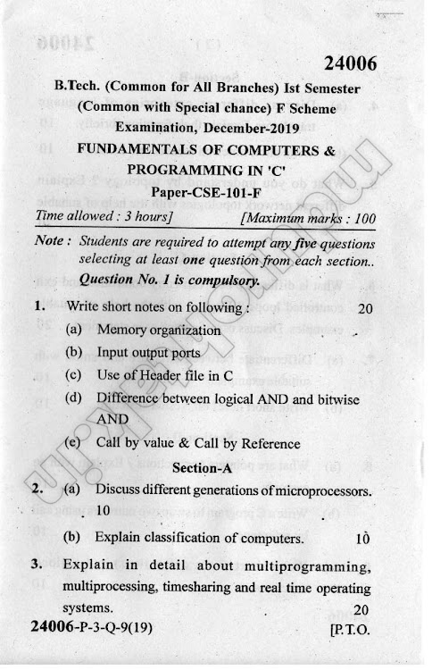 Download Fundamentals of Computer and Programming in C - Question Paper - B.Tech. 1st Year - December 2019 for free