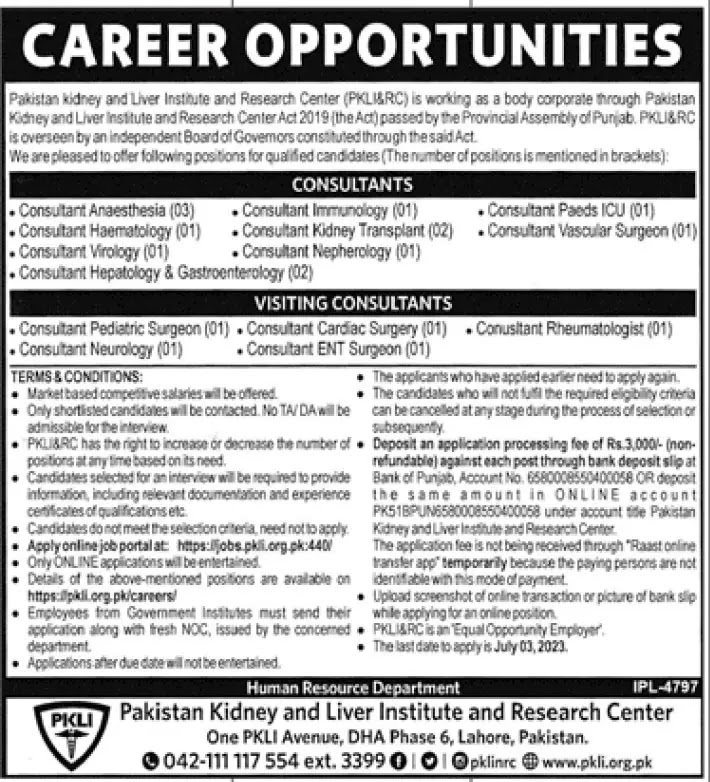 Pakistan Kidney And Liver Institute PKLI Jobs Advertisement 2023