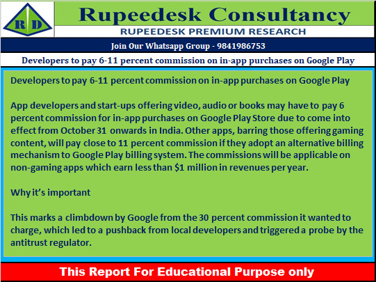 Developers to pay 6-11 percent commission on in-app purchases on Google Play - Rupeedesk Reports - 16.09.2022