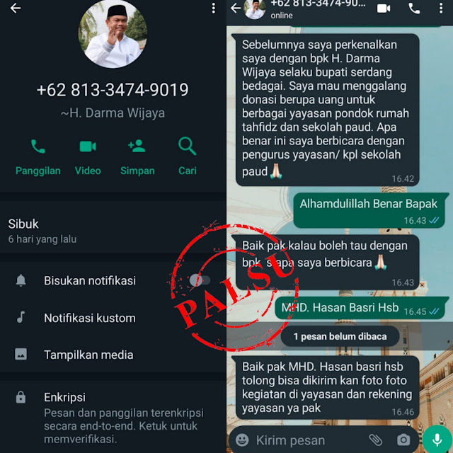 Lewat WhatsApp Nama Bupati Sergai Dicatut untuk Melakukan Penipuan