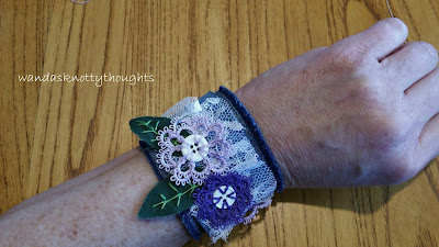 Tatted buttons on denim cuff in purples, worn @ wandasknottythoughts