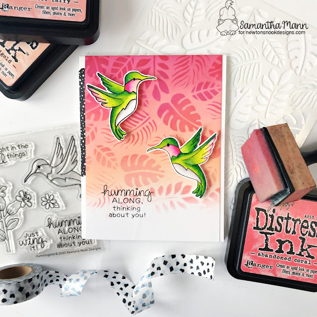 Hummingbird Card by Samantha Mann | Hummingbird Stamp Set and Tropical Leaves Stencil by Newton's Nook Designs #newtonsnook
