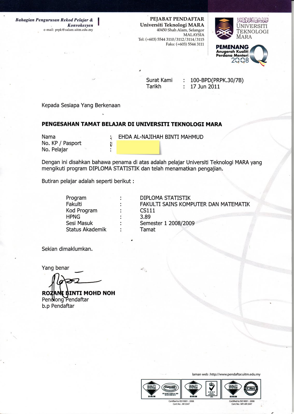 Cara Mohon Surat Tamat Belajar Uitm