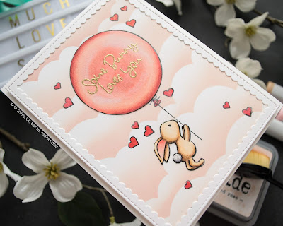 This adorable card features the Avery Elle stamp set "Some Bunny" along with My Favorite Things Cloud Stencil, and Stitched Rectangle Scallop Frame.  The image was colored with Copic markers and Prismacolor pencils. 
