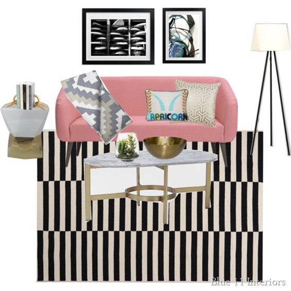 Black and white living room with pink couch 2