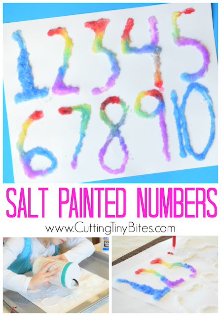 Salt painted numbers. Help preschoolers with their math by letting them learn numbers with this fun craft technique! Also great for fine motor development.