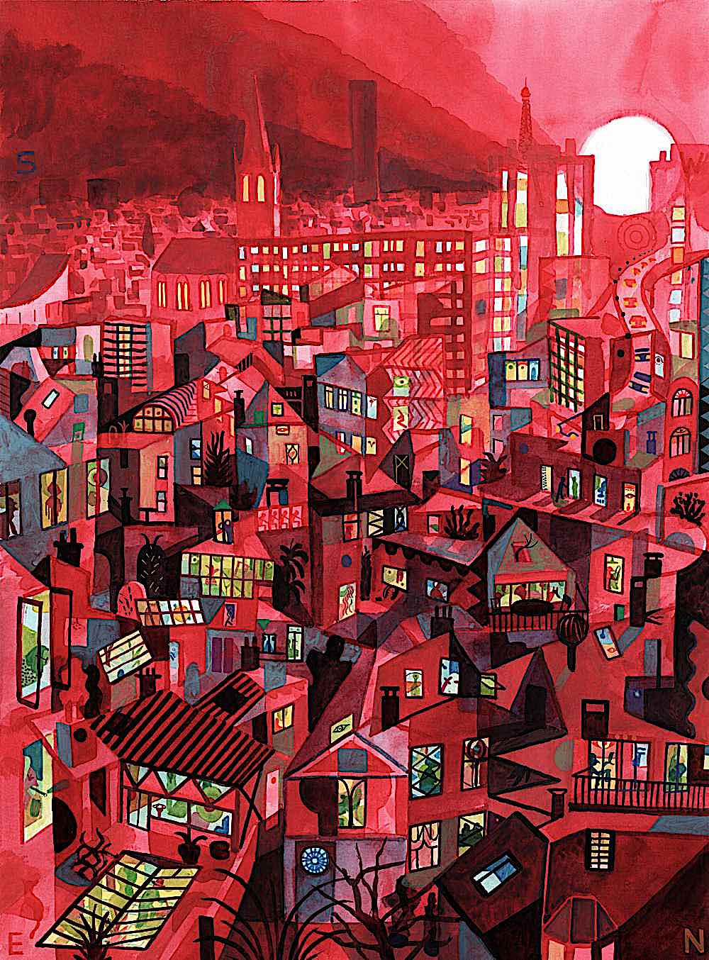 Brecht Evens art 1986, an urban scene