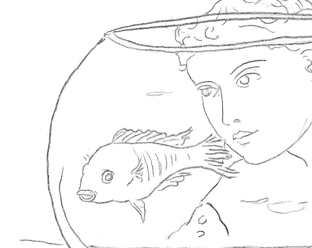 fishbowl, art, drawing, arte, minimal, minimalist, contemporary, minimalism, fish, pescado, goldfish, glass, bowl, figurative, woman, lady, swim, simple, sketch, eyes, globe, modern, design, dibujo, detail, close-up, face